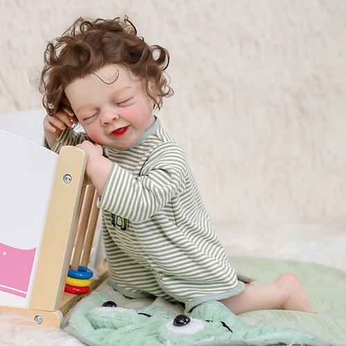 Reborn Babypuppen - 22 Zoll Weichkörper Realistische Babypuppe Mädchen Hübsches Wachblondes lockiges Haar Mädchen Bebe Reborn de Silicona Real Life Babypuppen mit Geschenkbox für Kinder ab 3 Jahren Image