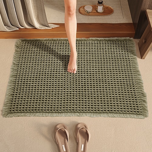 Waffel-Badematte im Boho-Stil, rutschfest, waschbar, super saugfähig und schnelltrocknend, kleine Badematte im Landhausstil, 45 x 75 cm, Khaki und Weiß Image