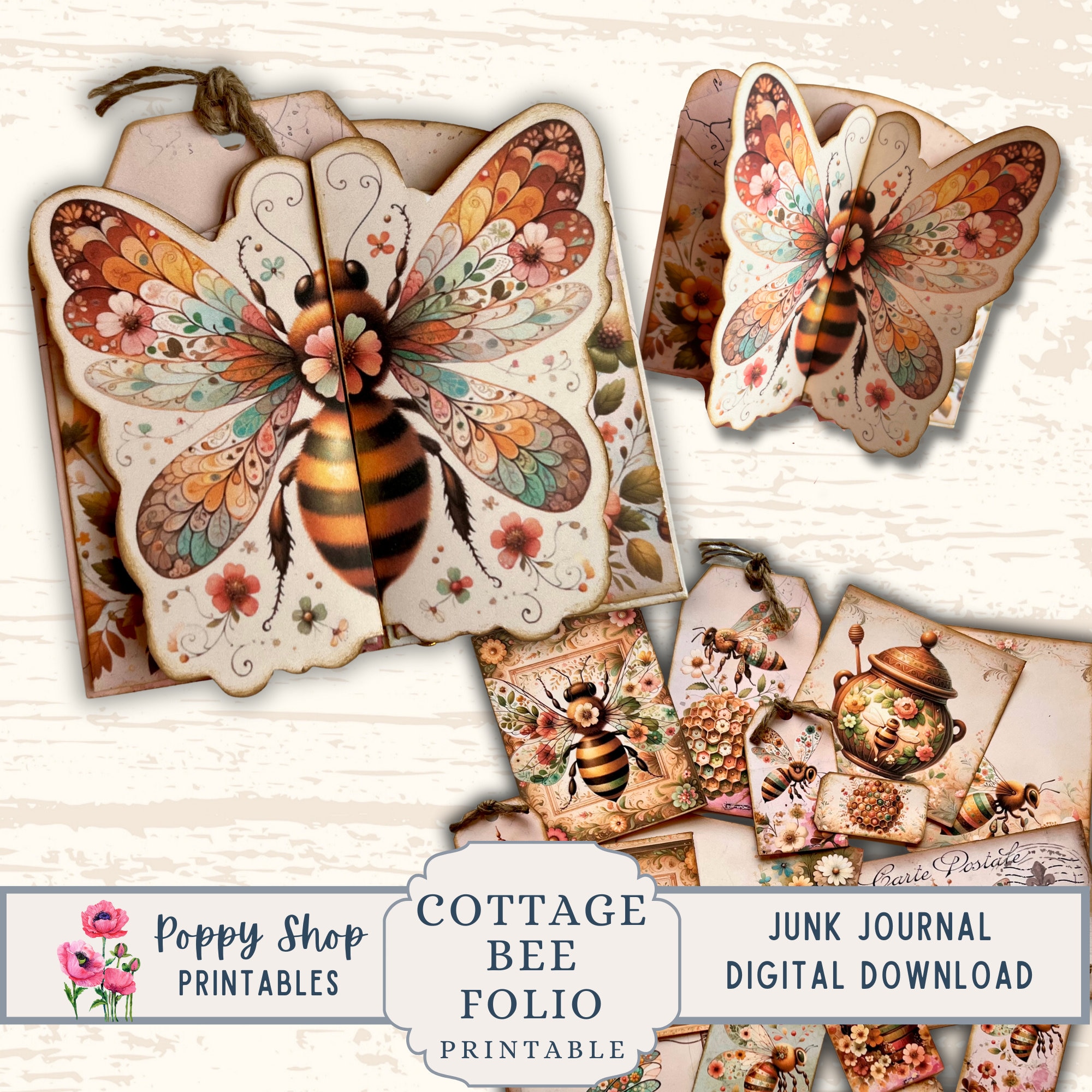 Bee Folio, Kit Folio stampabile, Bee, Junk Journal Folio, Multi Fold, Cartella tascabile pieghevole, Vintage, Ephemera del diario, Stampabile, Scarica