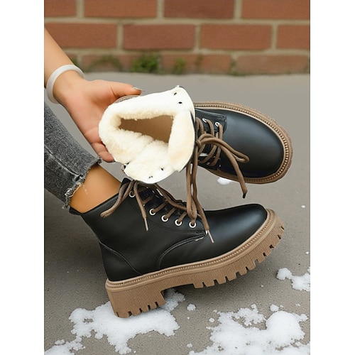 Schwarze Damen-Schnürstiefel mit Blockabsatz und Kunstpelzbesatz – modisch, warm und bequem, ideal für lässige Winteroutfits und Outdoor-Aktivitäten Image