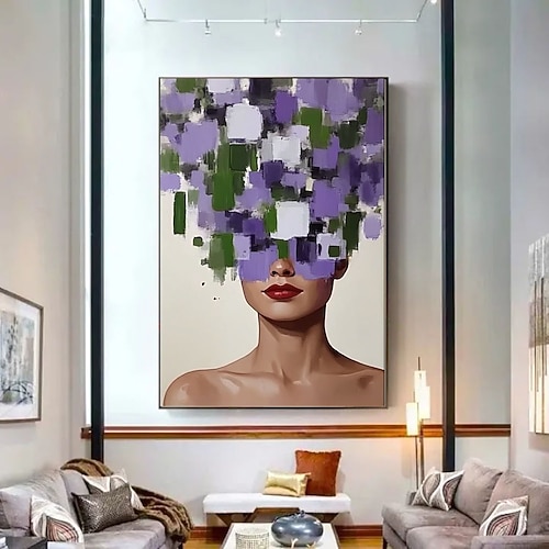 Großes, handgemaltes abstraktes Porträt-Ölgemälde auf Leinwand, minimalistisch strukturiertes Ölgemälde, Mädchenbild, Leinwandkunst, modernes Frauengesicht, hochwertige Wohnzimmerdekoration Image