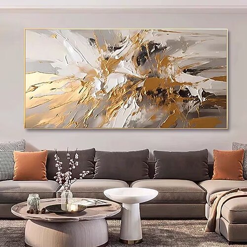 Goldfarbenes Ölgemälde, handgemaltes weißes abstraktes Ölgemälde auf Leinwand, handgemalt, leuchtend strukturiert, Original-Folienmalerei, großes modernes Kunstwerk für die Wohnzimmerwand Image