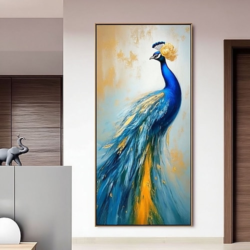 Ölgemälde, handgemalt mit Spachteltechnik, blauer Pfau, handgefertigtes Wandbild, Original-Vogelgemälde auf Leinwand, impressionistische Wanddekoration, abstraktes modernes Gemälde, extra großes Image