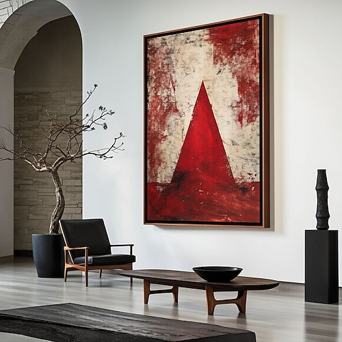 Handgemaltes abstraktes Ölgemälde eines infernalisch roten Weihnachtsbaums auf Leinwand, strukturiertes modernes Wandbild mit rotem Weihnachtsbaum. Image