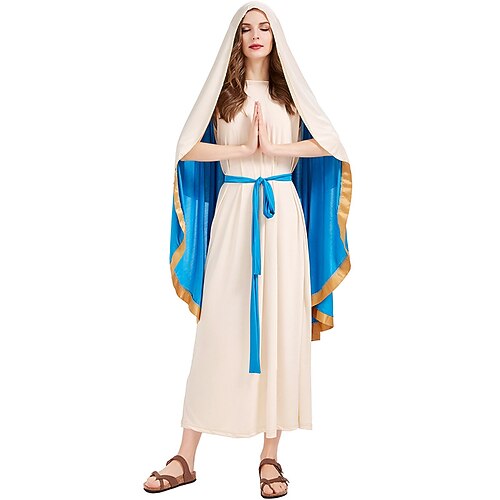 Geburt Maria Kostüm Ausgefallenes Weihnachtskleid Kostüme für den Weihnachtsumzug Damen Cosplay-Kostüm Weihnachtskostüm Erwachsene Weihnachten Neujahr Leistung Party Kleid Kopfschmuck Gürtel Image