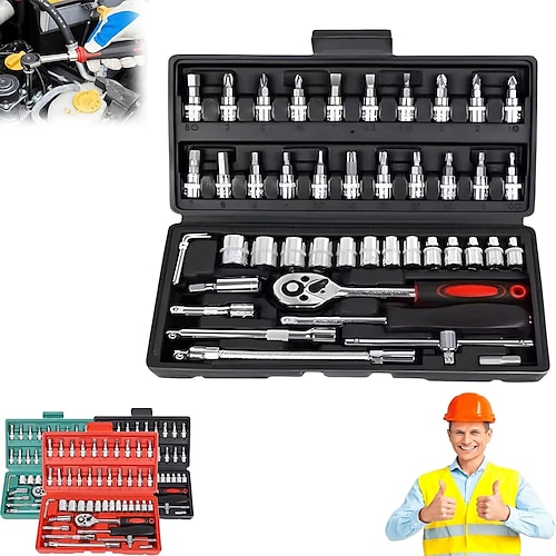 Akku-Ratschenset, schlank, 1/4-Zoll-Antrieb, 46-teiliges Ratschenschlüssel-Set, tragbarer Mechaniker-Werkzeugkasten mit ergonomischem Griff, kompakter Koffer für Reparaturen zu Hause, am Auto, Fahrrad Image