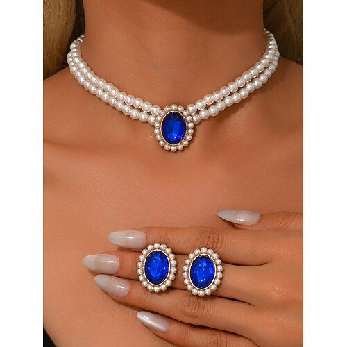 Schmuckset für Damen mit Perlen und roten Edelsteinen – elegante Vintage-Halskette und Ohrringe für Partys und Abendveranstaltungen Image