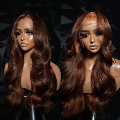 Remy Echthaar 5x5 Verschluss 13x4 Spitzenfront Perücke Mittelscheitel Brasilianisches Haar Bodywave Braun Kastanienbraun Perücke 130% 150% Haardichte mit Babyhaaren Natürlicher Haaransatz 100 Image