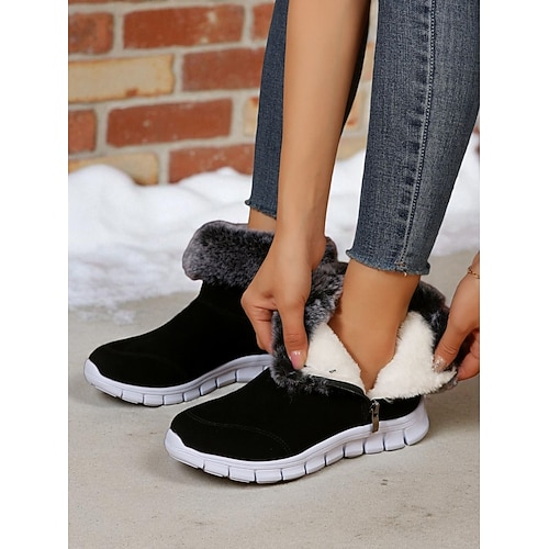 Braune, warme, knöchelhohe Stiefeletten mit Fellfutter für Damen – leichte Schneestiefel mit weichen Kunstfellbündchen für winterlichen Komfort und Outdoor-Aktivitäten Image