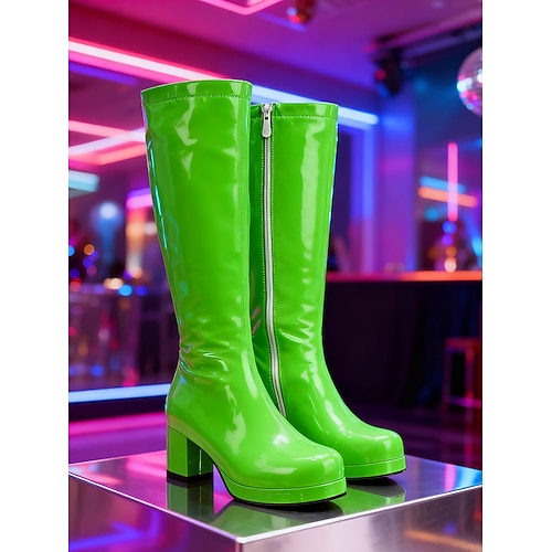 Lila Damen-Kniestiefel aus Lacklederimitat – stylisches Reißverschlussdetail, klobiger Absatz, Retro-Disco-Stil der 80er Jahre für Partys, Ausgehen und gewagte Fashion-Looks Image
