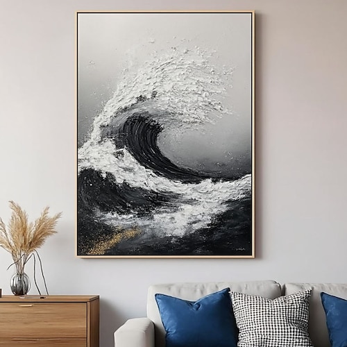 Ölgemälde, handgemalt, strukturierte abstrakte Meereswellenmalerei, handgefertigte Leinwandkunst, schwarz-weißes Meereswellengemälde, minimalistisches schwarzes Kunstwerk, Gemälde für moderne Image