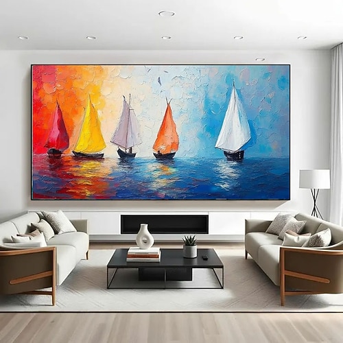 Handgemaltes abstraktes Segelboot-Ölgemälde, farbenfrohe maritime Wandkunst, moderne Wohndekoration, großes Leinwandbild, lebendige Meereslandschaft, zeitgenössische Kunst Image