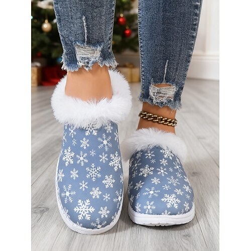 Festliche rote Hausschuhe mit Schneeflockenmuster für Damen – flauschiges weißes Kunstfell für winterlichen Komfort, perfekt für den Weihnachtsmorgen und die Freizeit. Image