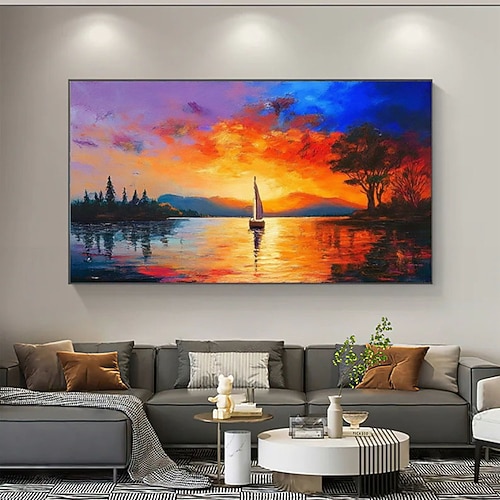 Handgemaltes Original-Ölgemälde auf Leinwand, großes handgemaltes Gemälde, Wandkunst, abstraktes Segelbootbild, Sonnenuntergangslandschaft, minimalistische Wohnzimmerdekoration Image