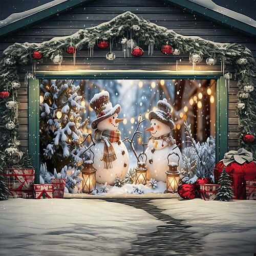 Weihnachtliche Garagentorabdeckung – festliche Außendekoration, wasserdichter Garagenvorhang mit Weihnachtsmann-, Schneemann- und Weihnachtsbaummotiv für die Weihnachtsdekoration Image