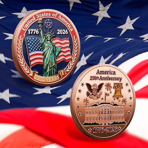 250. Jubiläums-Gedenk-Münzen - Goldene amerikanische Flagge Freiheitssymbol Design Sammlermünzen haltbare Metall-Jubiläumsmünzen für die Anzeige Sammleredition patriotisch Semiquincentennial Image