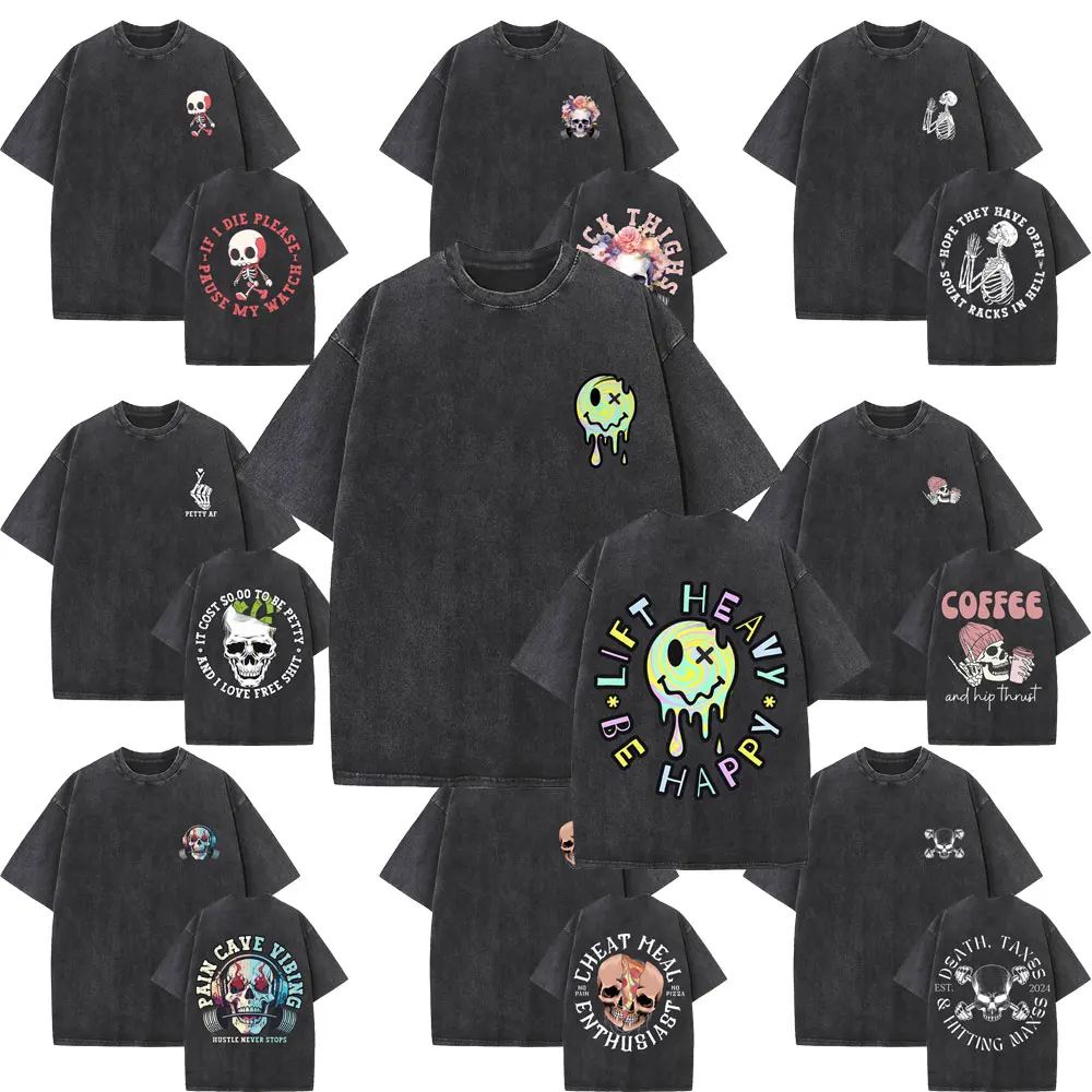 Lift Heavy Be Happy Pump Cover T-shirts Funny Powerlifting Workout Bodybuilding T Shirts Men Women Fitness Washed Vintage Tshirt