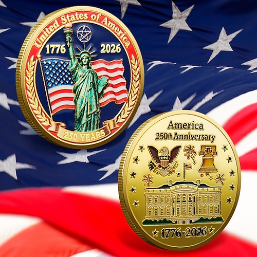 Gedenkmünzen zum 250. Jahrestag – goldene amerikanische Flagge Sammlermünzen mit Freiheitsglockenmotiv, langlebige Jubiläumsmünzen aus Metall für Sammler. Geschenkidee, patriotisches Design Image