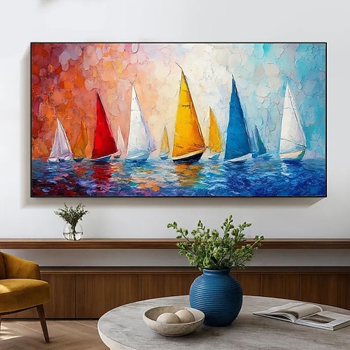Handgemaltes abstraktes Segelboot-Ölgemälde, farbenfrohe maritime Wandkunst, moderne Wohndekoration, großes Leinwandbild, lebendige Meereslandschaft, zeitgenössische Kunst Image