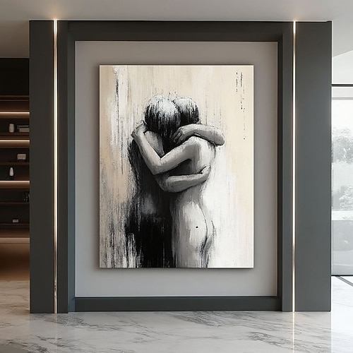 Abstraktes Porträt eines Mannes und einer Frau ohne Gesicht, Ölgemälde; Mann und Frau umarmen sich, Ölgemälde; Wandkunst für Paare; Wanddekoration für Verliebte; Wabi-Sabi-Kunst Image