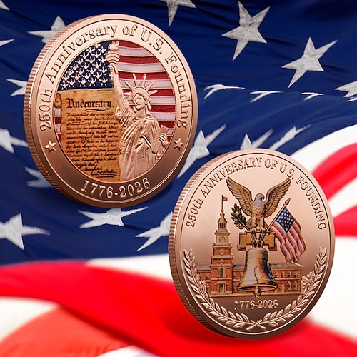 Gedenkmünzen zum 250. Jahrestag – goldene amerikanische Flagge Sammlermünzen mit Freiheitsglockenmotiv, langlebige Jubiläumsmünzen aus Metall für Sammler. Geschenkidee, patriotisches Design Image