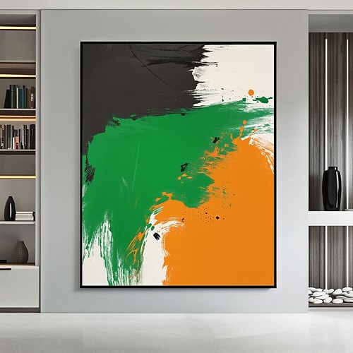 Großes, handgefertigtes Ölgemälde in Schwarz, Weiß, Grün und Orange – abstrakte Wandmalerei, Bestseller, moderne abstrakte Leinwandkunst, großes Ölgemälde in Orange Image
