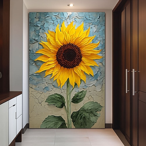 Originales Sonnenblumen-Ölgemälde auf Leinwand, handgefertigte, strukturierte gelbe Blumenwandkunst, handgemalte Impasto-Blütenfeldgemälde, fröhliche Natur, ländliche Dekoration Image