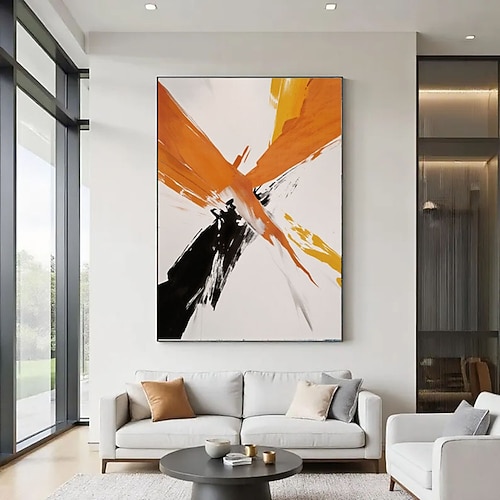 Handgemaltes, großes, minimalistisches, abstraktes Ölgemälde auf Leinwand, orangefarbenes Gemälde, schwarze Acrylmalerei auf Leinwand, zeitgenössische weiße Malerei, Bürodekoration Image
