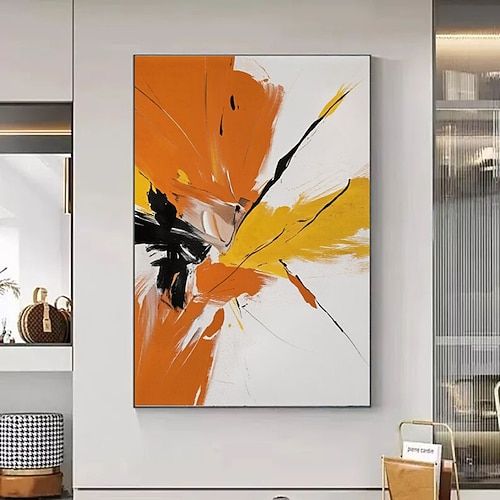 Handgemaltes, großes, minimalistisches, abstraktes Ölgemälde auf Leinwand, orangefarbenes Gemälde, schwarze Acrylmalerei auf Leinwand, zeitgenössische weiße Malerei, Bürodekoration Image