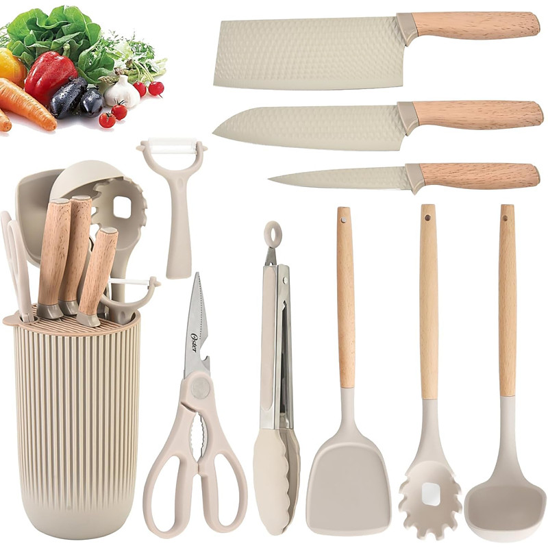Knife Set 10 Pieces Professional Kitchen Knife Set with Universal Knife Block Non-stick Heat Resistan Kitchen Tools and Gadgets with Wooden Handle (Khaki)