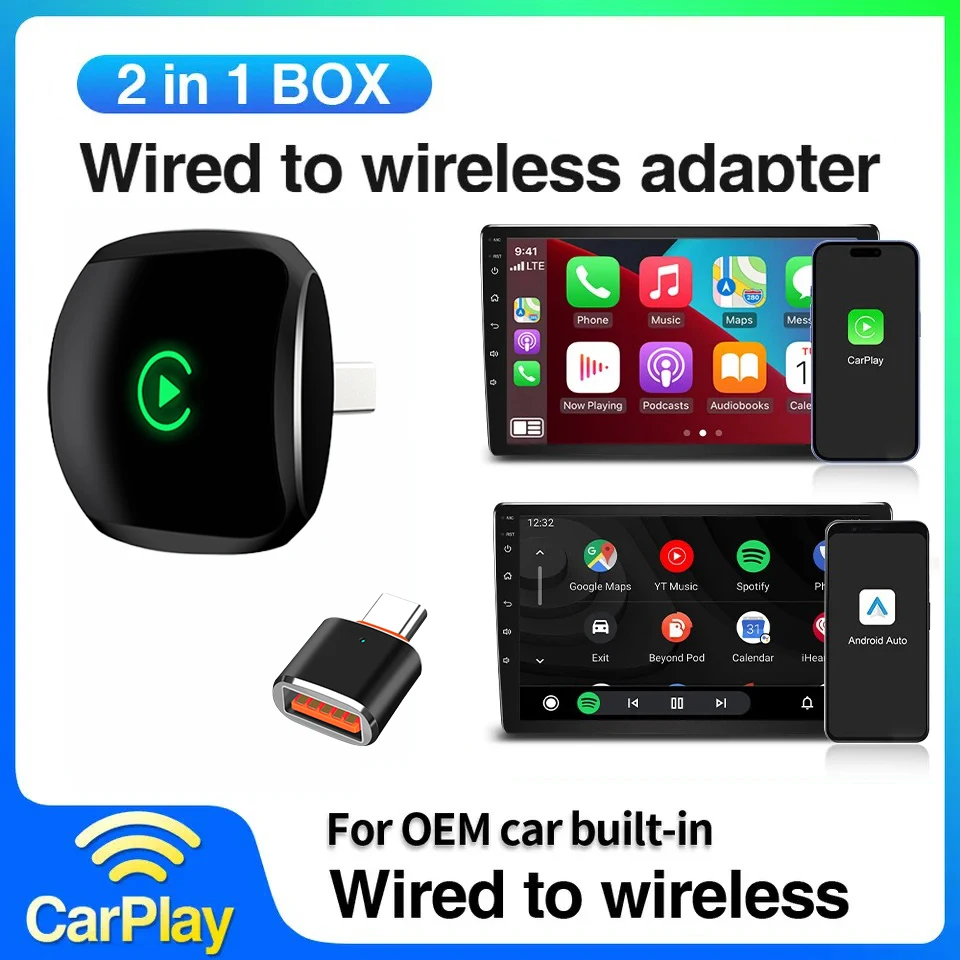 Kabelgebundener zu kabelloser CarPlay-Adapter, Dongle, Plug & Plug, Auto Connect, wandelt für kabelgebundene Autos, kompatibel mit CarPlay und Android Auto Image