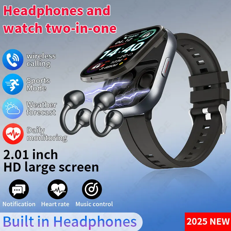 TWS 2-in-1-Kopfhörer mit Ohrclip, Smartwatch, Herzfrequenz, Schlaf, Gesundheitsüberwachung, Musiksteuerung, Wetteraktivität, Tracking, Smartwatch Image