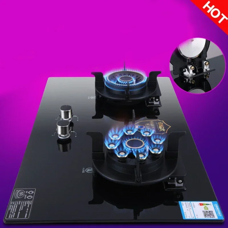 220 V Home Double-Headed Nine-Cavity Mandarin Duck Fierce Fire Herd Innovativer Clamshell-Gasherd aus gehärtetem Glas mit elektronischer Pul Image