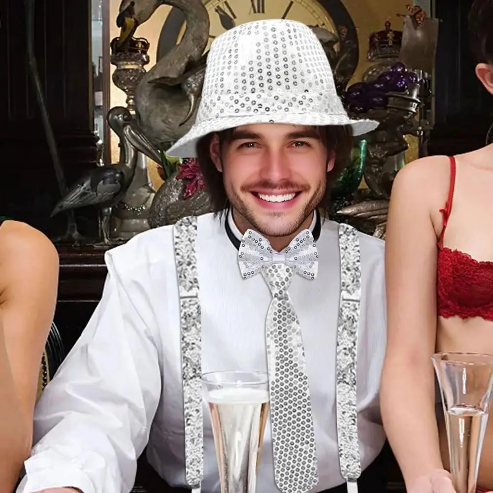 5 Teile/satz 80er 90er Disco Zubehör für Männer Frauen Pailletten Hut Harness Gürtel Handschuhe Bowtie Krawatte Disco Kostüm Set Image