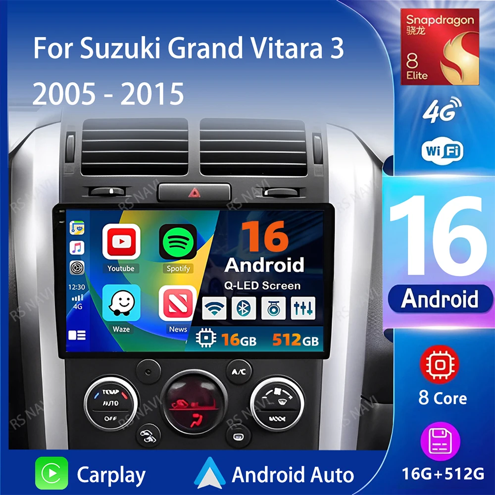 Android 16 Carplay Auto Qualcomm 2K QLED Bildschirm Autoradio für Suzuki Grand Vitara 3 2005-2015 GPS Multimedia Stereo WIFI Image