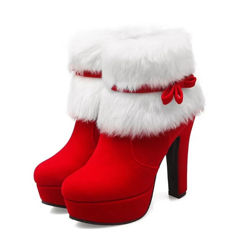 Winter Frauen Stiefel Weihnachten Stiefeletten High Heels Damen Schuhe Femme Warme Kurze Stiefel Rot Schwarz Schuhe Größe 35-43