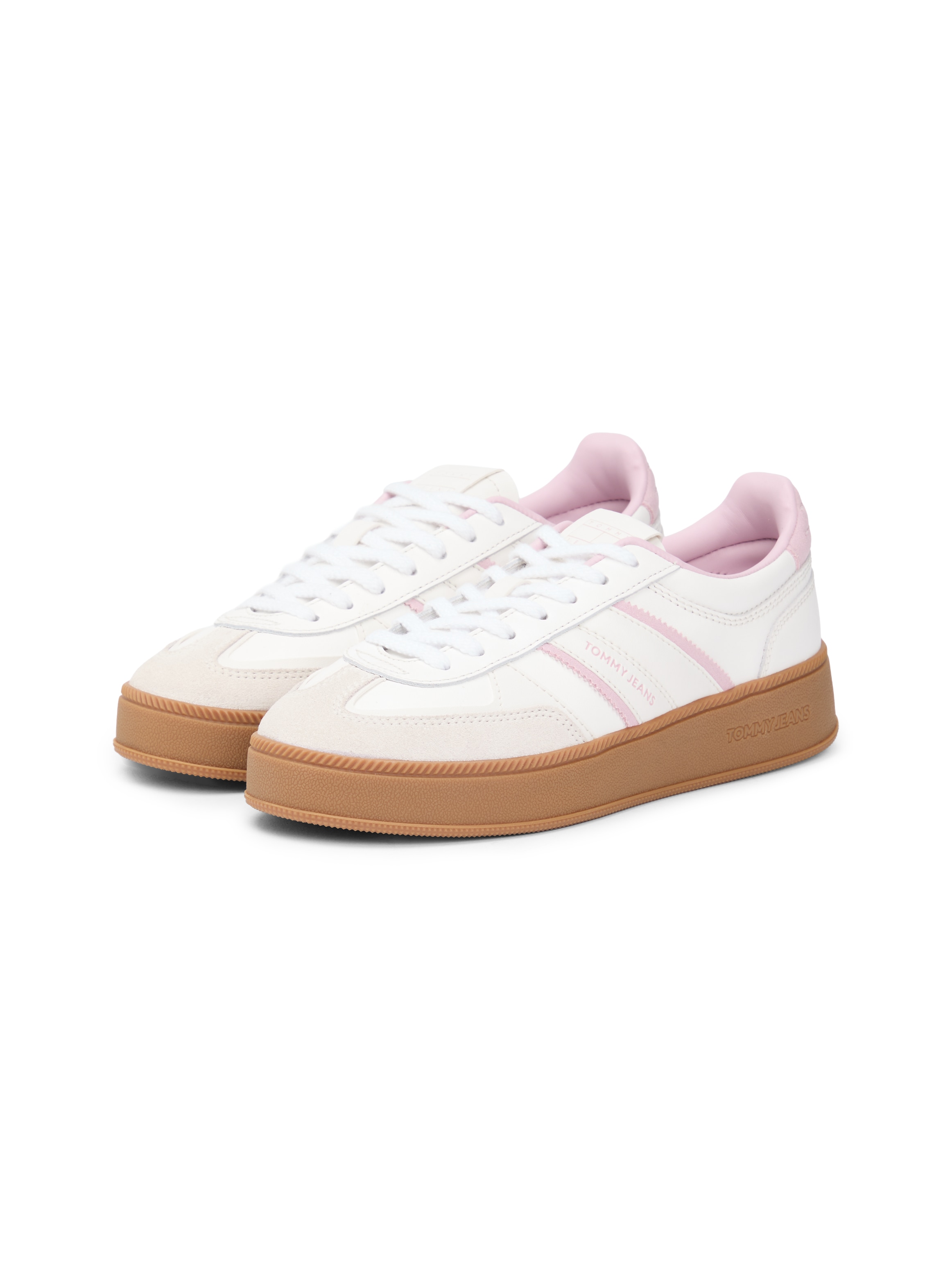 Plateausneaker TOMMY JEANS "THE GREENWICH EDGE FLATFORM", Damen, Gr. 39, ecru, rose, Leder, Lederimitat, Veloursleder, Schuhe Plateausneaker, Freizeitschuh, Halbschuh, Schnürschuh mit Logoschriftzug