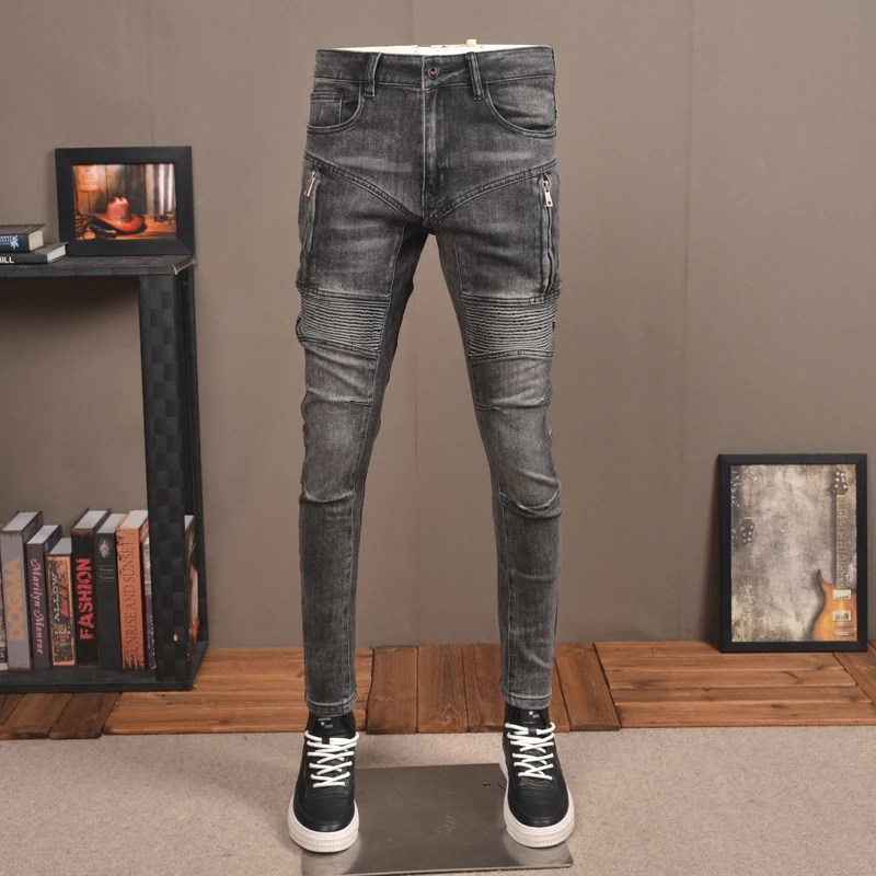 Straße Designer Mode Männer Jeans Retro Schwarz Grau Stretch Slim Fit Gespleißt Biker Jeans Männer Gepatcht Hip Hop Denim Bleistift Hosen