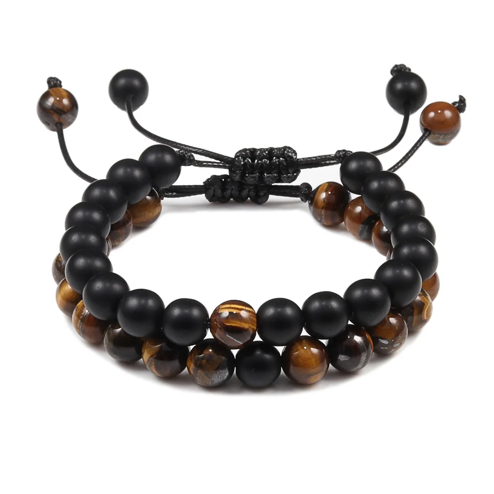 Bracciale da uomo Bracciale intrecciato in pietra occhio di tigre Bracciale con perline in pietra naturale opaca nera Coppia Distanza Fascino Gioielli Yoga Regali