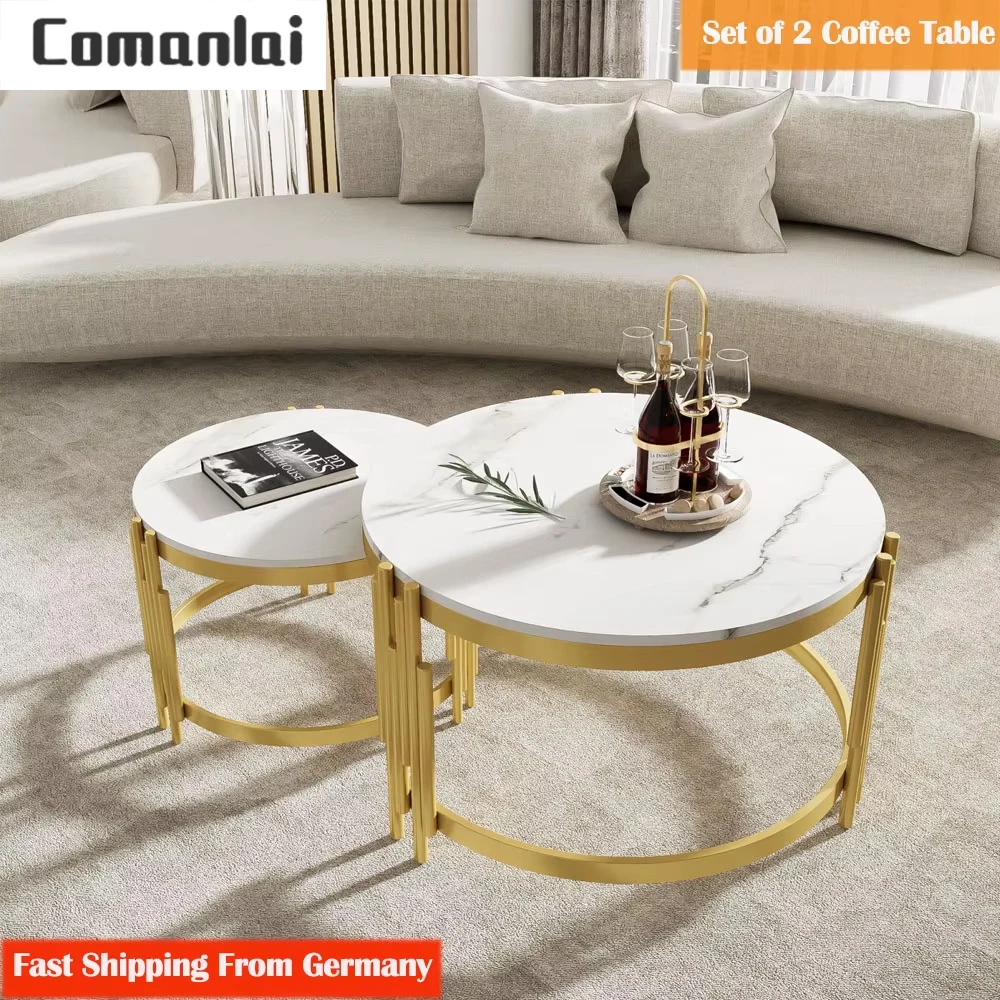 Comanlai Modulares rundes Couchtisch-Set, moderner Sofatisch mit Marmoroptikplatte und goldenem Metallrahmen, für Wohnzimmer und Büro