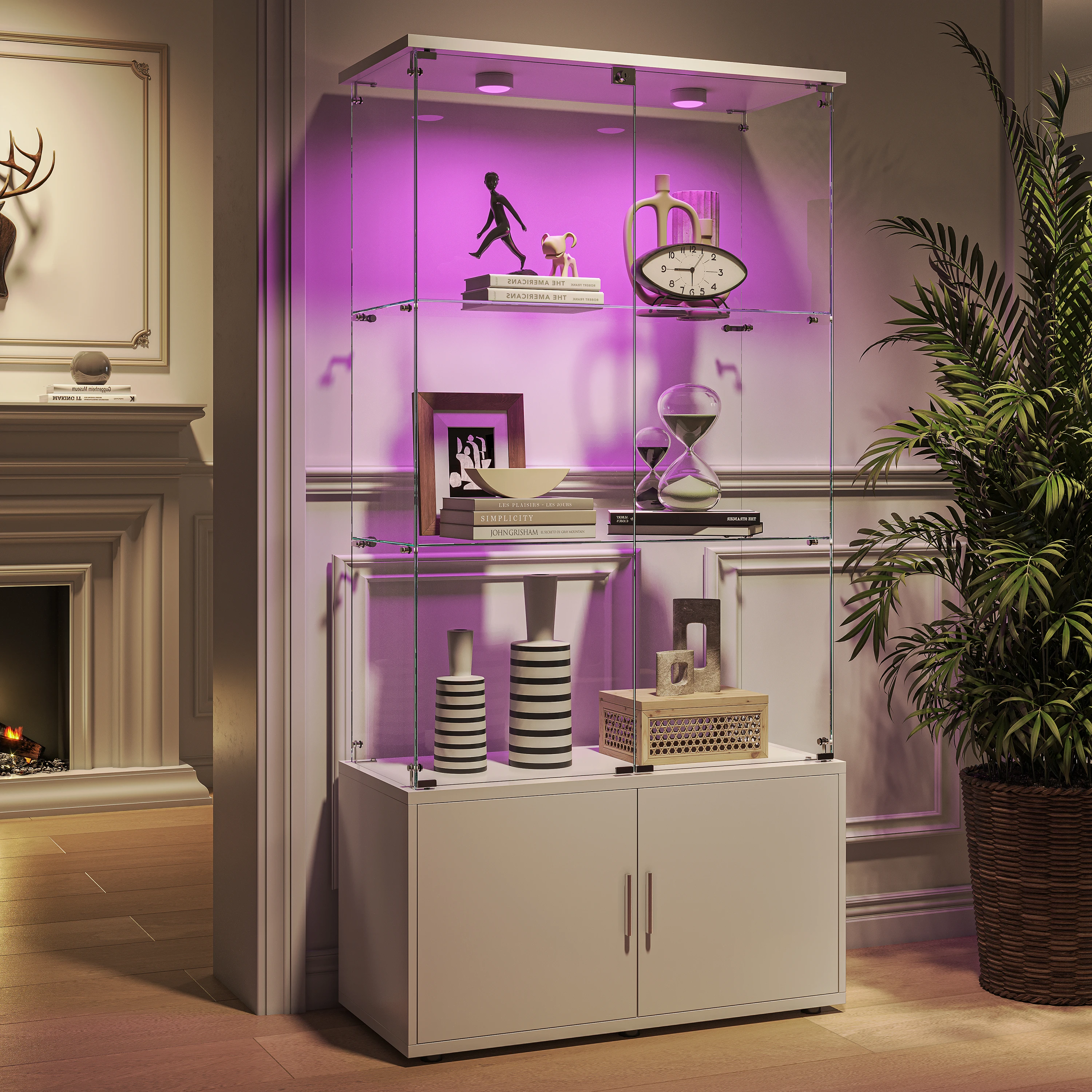 Creahappy Glasschrank mit Nachtlicht, Glasvitrine für Curio Toys, Glas-Bücherregal, Glasvitrine für Wohnzimmer