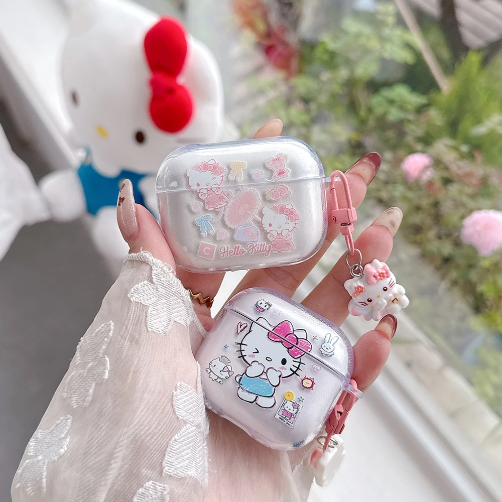 Sanrio Hello Kitty Niedliche Kopfhörerhülle für Airpods 4 1 2 3 Pro 2 3, kabelloses Bluetooth-Headset, schützende weiche Abdeckung mit Anhänger Image