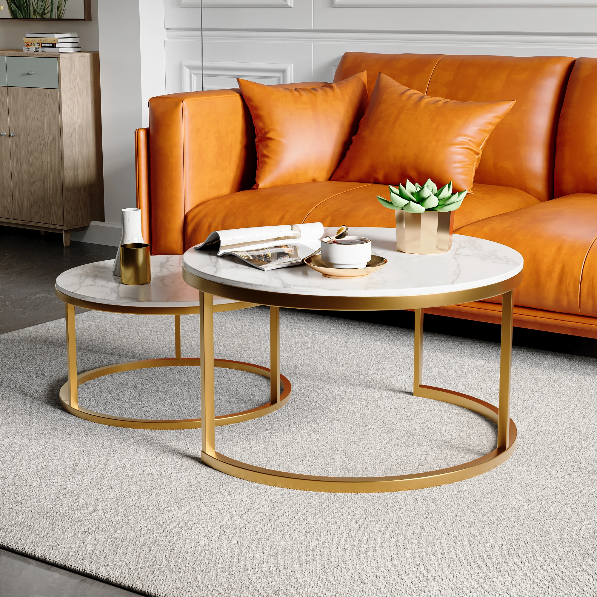 Anajqaqia Marmor-Couchtisch, runder Couchtisch, Sofatisch, Beistelltisch mit Metallrahmen, moderner Couchtisch, für Wohnzimmer Image