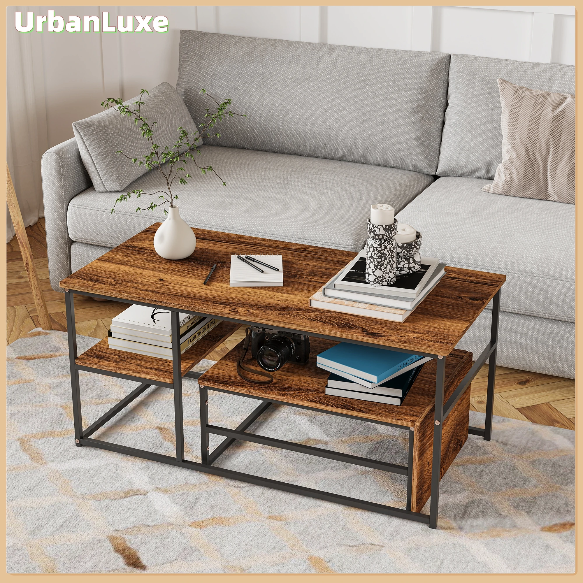UrbanLuxe Couchtisch, Wohnzimmertisch, Couchtisch mit Ablage, moderner Couchtisch, schwarze Beine, Holzmaserungsplatte