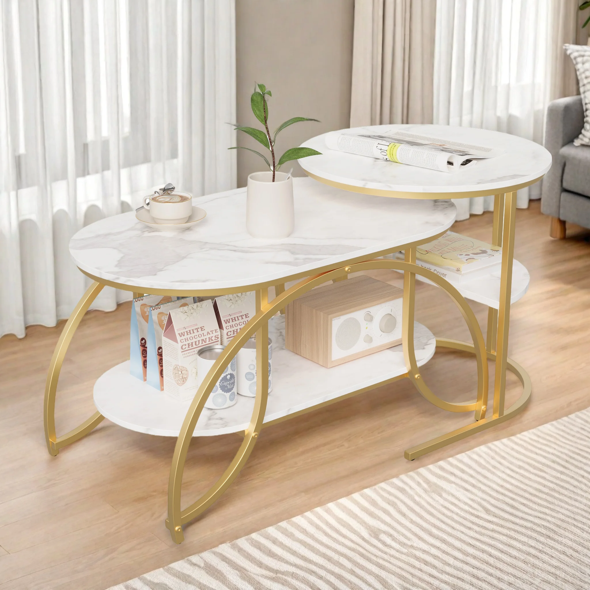 Rosahqnda Couchtisch-Set, 2 runder ovaler Couchtisch, modernes Couchtisch-Set, Couchtisch