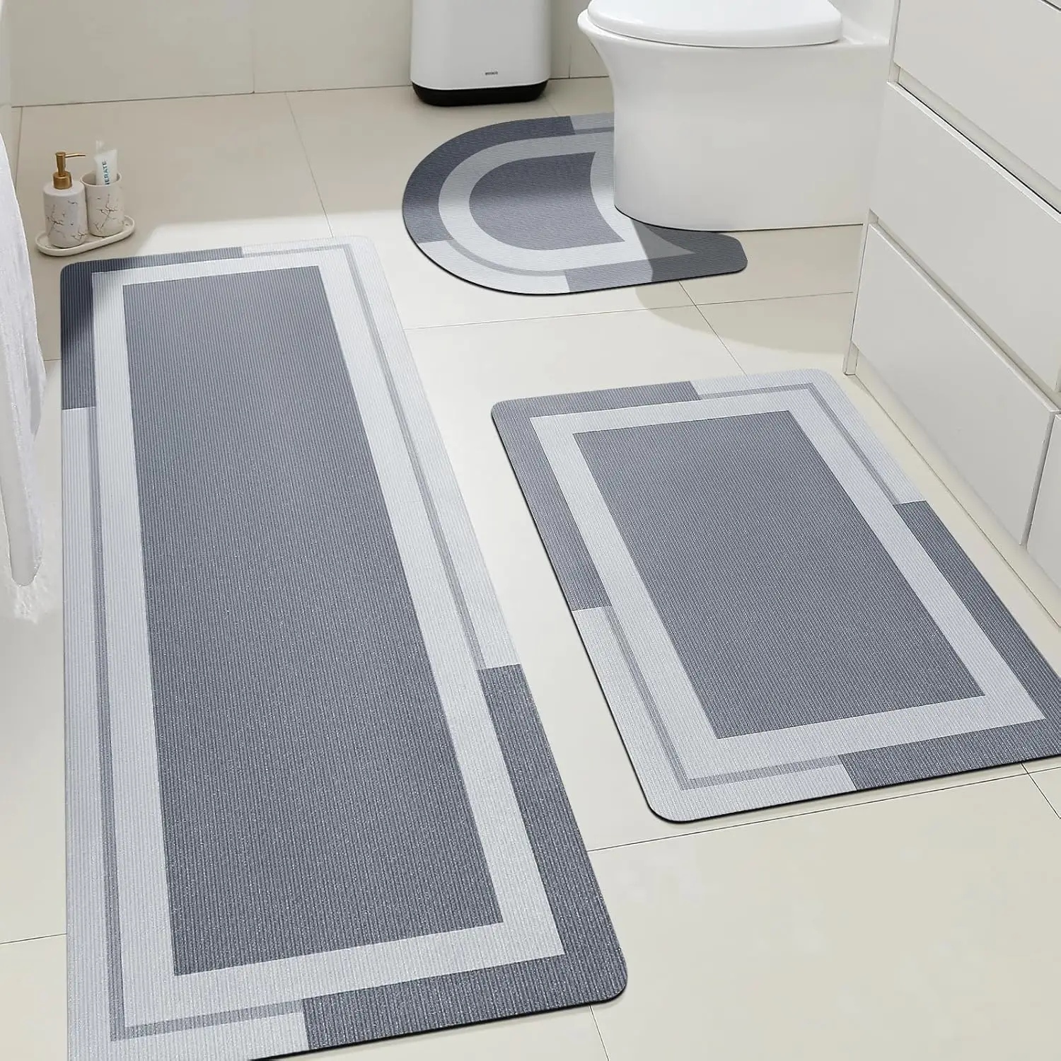 VIKAMA 3-teilige Silica-Schlamm-Bodenmatte für Badezimmer – U-förmige Toilette, saugfähige Trockenbodenmatte für Badezimmer-Bodendekoration Image