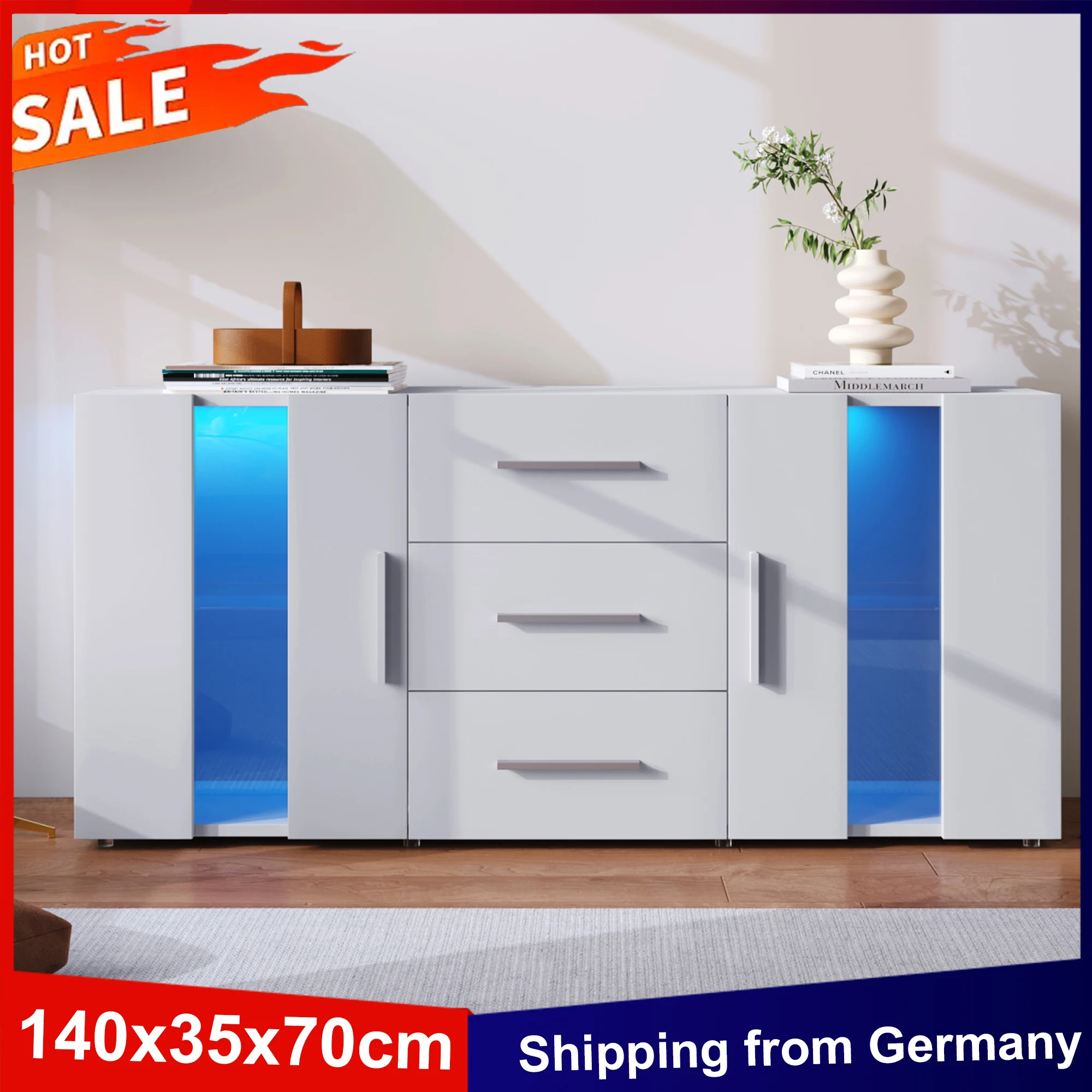 Anajqaqia 140 x 35 x 70 cm TV-Schrank, Sideboard, Kommode, Konsolentisch, Aufbewahrungsschrank mit LED-Licht für Esszimmer/Wohnzimmer Image