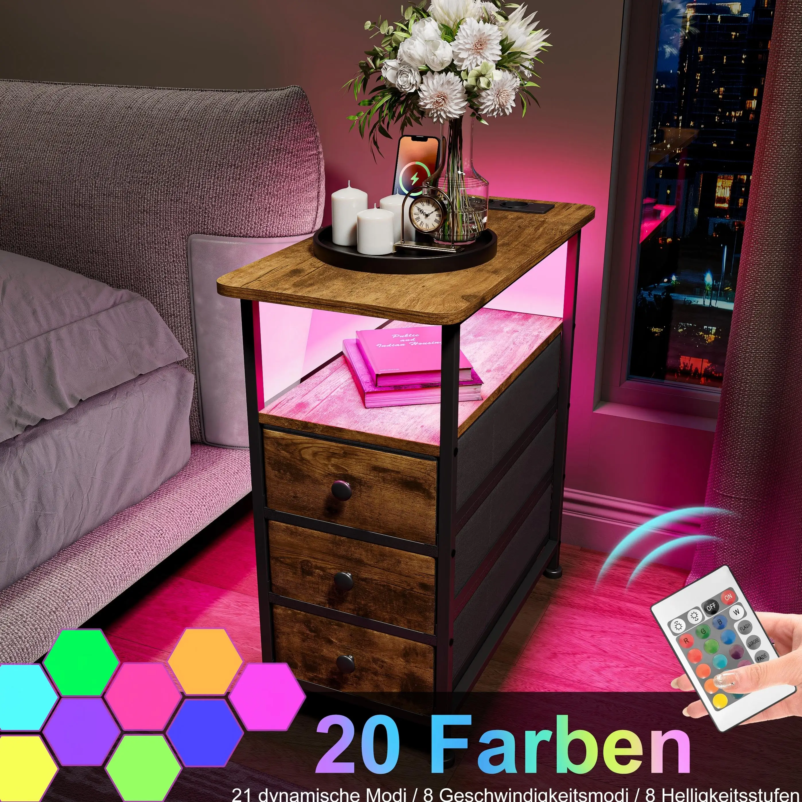 Rosahqnda Kleiner Beistelltisch mit Ladefunktion, Couchtisch mit 3 Schubladen, Zeitschriftenhalter, für Wohnzimmer, Schlafzimmer, Vintage