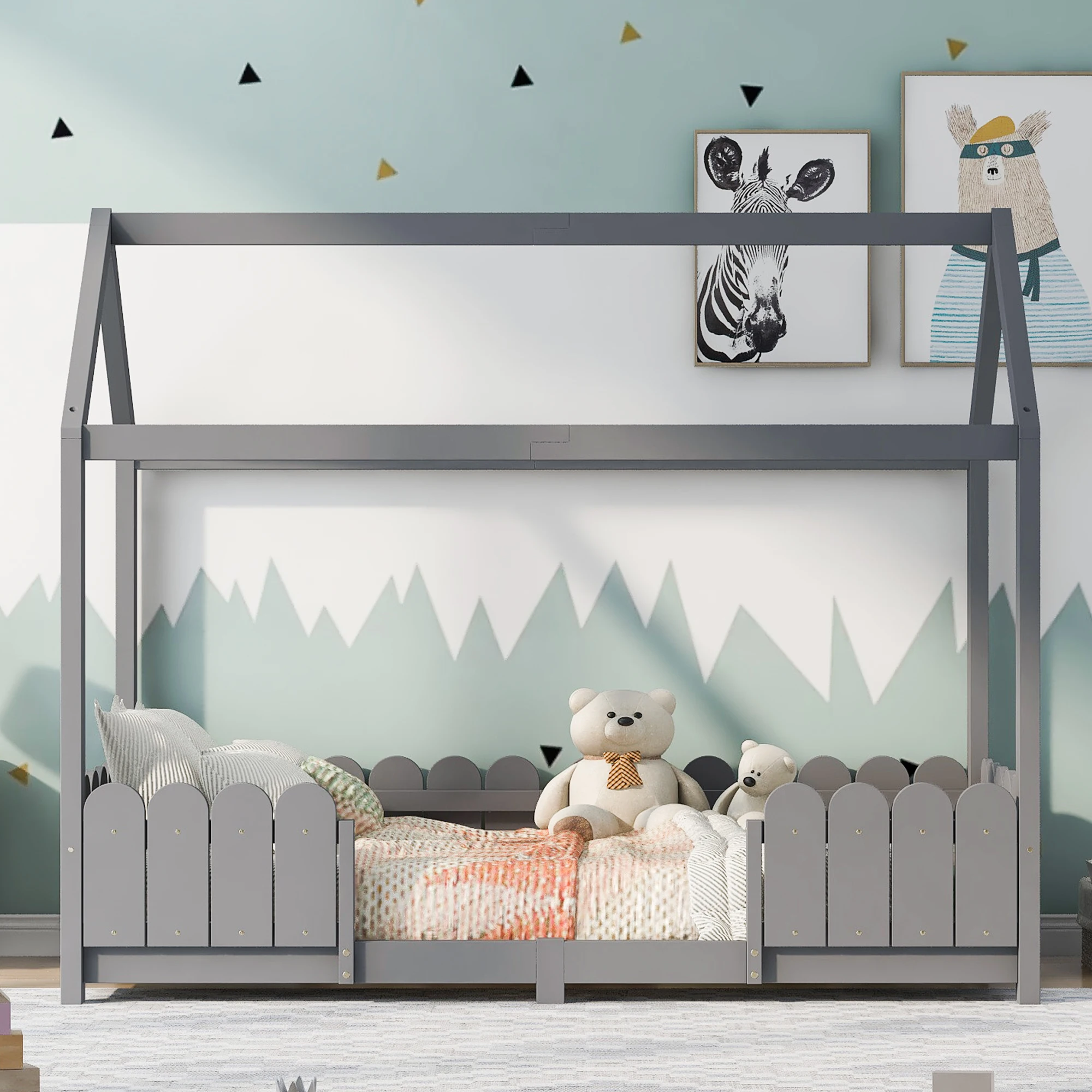 KOMHTOM Hausbett Kinderbett 90x200 cm - Holz Bettgestell mit Rausfallschutz und Lattenrost, ohne Matratze