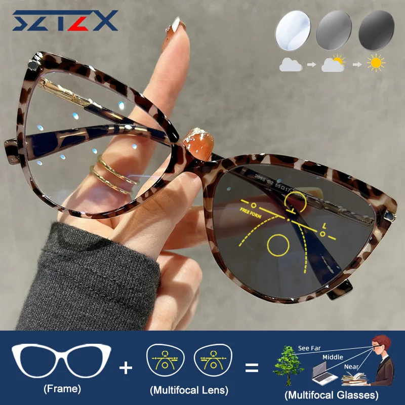 SZTZX Retro-Lesebrille mit großen Rahmen, Katzenaugen-Lesebrille für Damen, trendige photochrome Brille, kann individuell angepasst werden, verschreibungspflichtig, mit mehreren Fokus Image